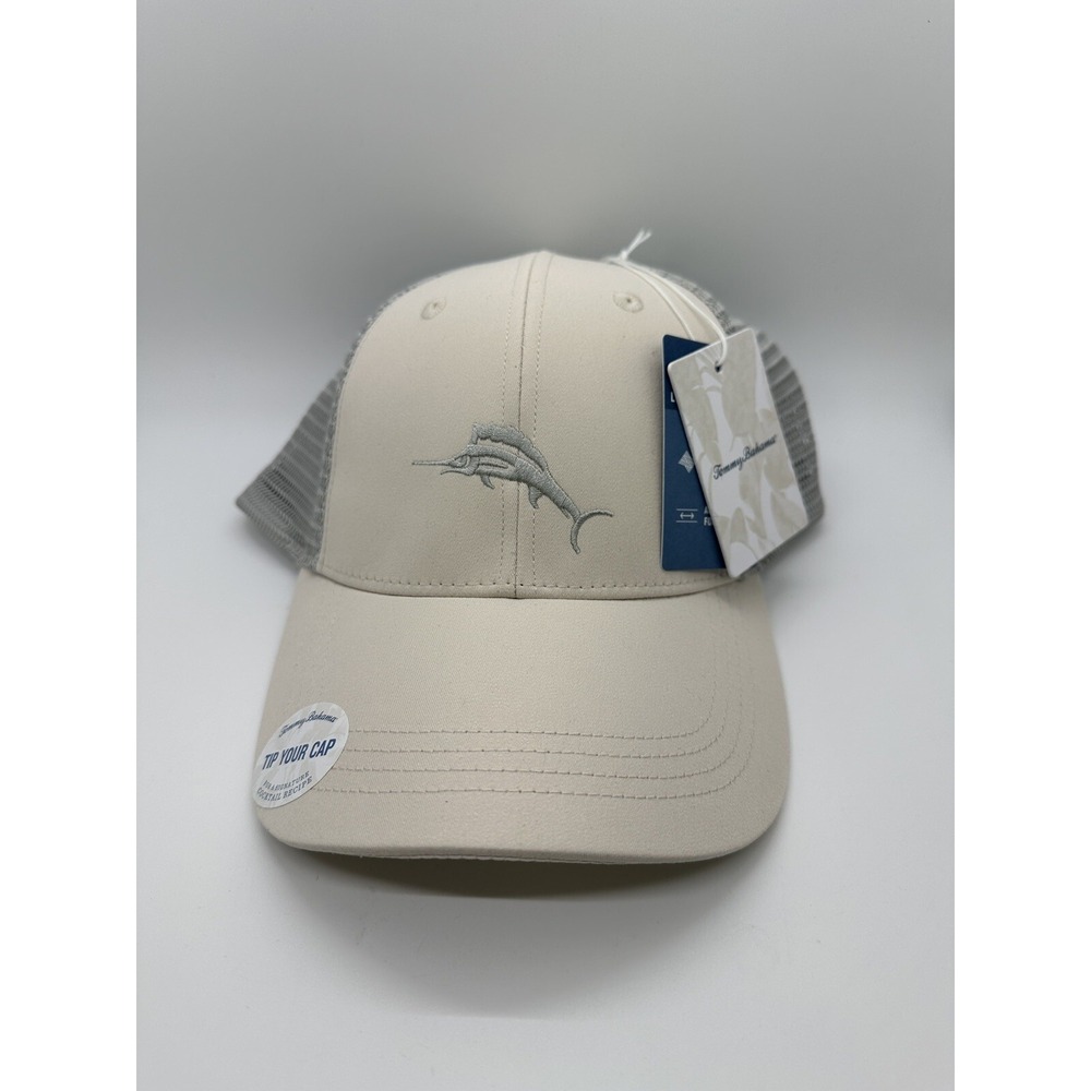 TOMMY BAHAMA "Tip Your Cap"‎ Marlin Logo Trucker Hat Tan Silver Men's *NEW*
